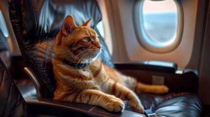 Pets on Board: Cats Flying in Airplane Cabin. Cute cat comfortably seated in plane cabin chairs embodying the concept of pet transportation relocation and emigration.