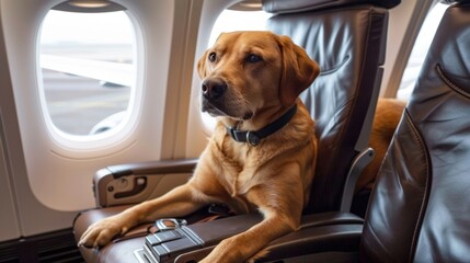 Pets on Board: Dogs Flying in Airplane Cabin. Cute dog comfortably seated in plane cabin chairs embodying the concept of pet transportation relocation and emigration.