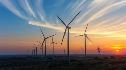 A high-tech clean energy wind farm with turbines spinning in unison at sunset