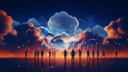 a group of people standing in front of clouds