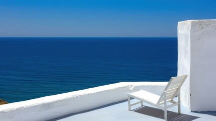 Fototapeta premium White Mediterranean villa with minimalistic architectural details on a sunny rooftop terrace.