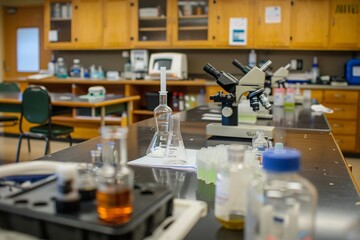 Science Lab with Glassware and Microscopes