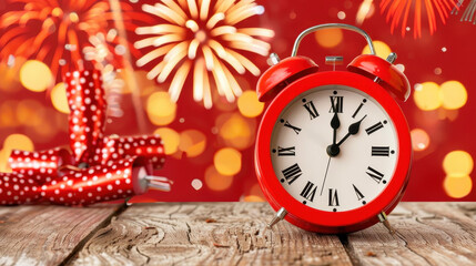 Countdown to New Year  with a clock and fireworks on a stunning background for a festive banner design.