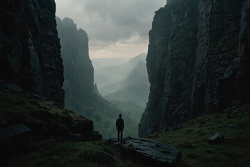 Fototapeta premium Hiker on Rocky Cliff Overlooking Majestic Mountain Valley