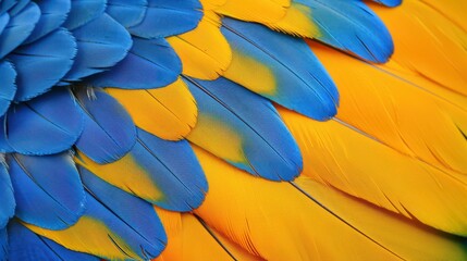 Obraz premium Stunning closeup of Blue and Yellow Macaw feathers as a vibrant natural background.