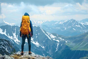 Fototapeta premium back view hiker fully equiped standing on the mountain top and enjoys the panoramic landscape copy space