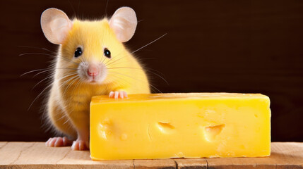 Fototapeta premium Cute mouse sitting on a stack of delicious cheese, adorable rodent illustration.