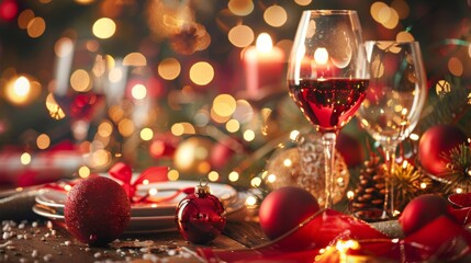 Experience a festive Christmas dinner setting, adorned with elegant tableware, sparkling holiday decorations, and a warm, inviting ambiance.