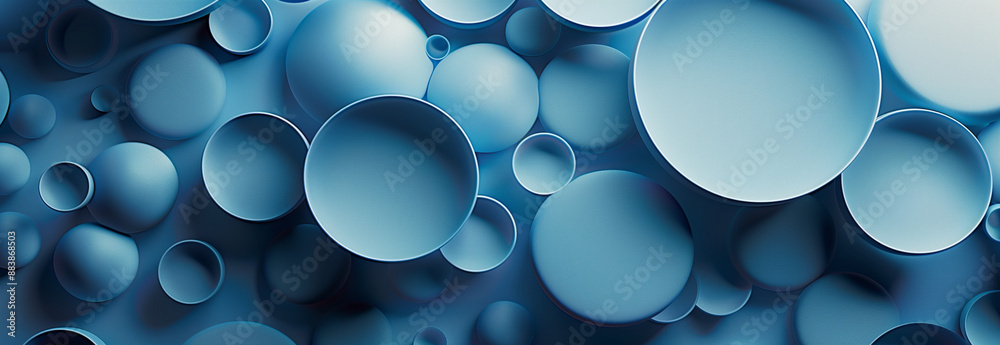 Poster geometric white and blue circle shape pattern, abstract 3d background design with overlapping blue c