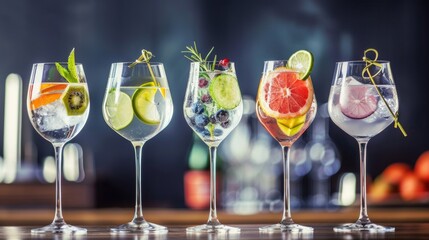 Five colorful gin tonic cocktails, each uniquely garnished and served in wine glasses, arranged elegantly on a bar counter in a vibrant pub or restaurant setting.
