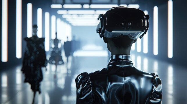 A high-tech virtual reality fashion runway with the latest designer collections