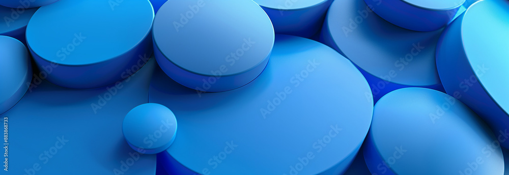 Poster geometric white and blue circle shape pattern, abstract 3d background design with overlapping blue c