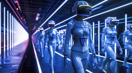 A high-tech virtual reality fashion runway with the latest designer collections