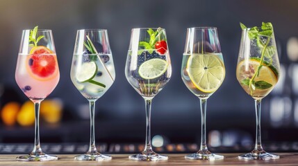 Five colorful gin tonic cocktails, each uniquely garnished and served in wine glasses, arranged elegantly on a bar counter in a vibrant pub or restaurant setting.