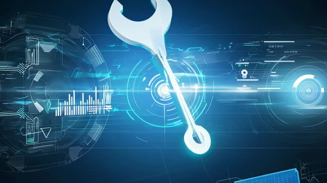 Glowing digital wrench icon floats in a high-tech interface. Surrounded by dynamic data displays, charts, and futuristic UI elements. Blue hues dominate, creating an advanced technological atmosphere.