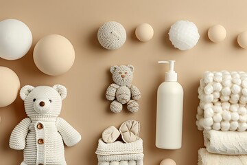 A beautiful set of baby essentials in a hand-drawn style, captured from an eye level angle with a rule of thirds composition and a bokeh effect, illuminated by natural light, featuring a monochrome