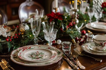 Fototapeta premium Elegant Christmas Table Setting with Fine China and Festive Decorations