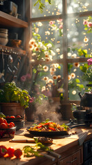 Fototapeta premium Sanitized Cooking Area with ISO Certification and Badge on Whimsical Background for Cleanliness Stock Photo Concept