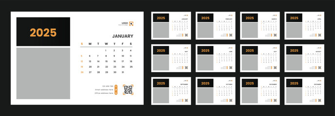 Desk calendar design template 2025, Monthly planner design in corporate and business style, Week start on Sunday