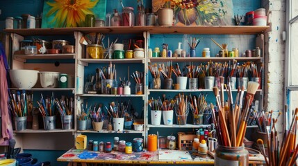 Fototapeta premium Art studio with shelves filled with brushes, paints, and art supplies.