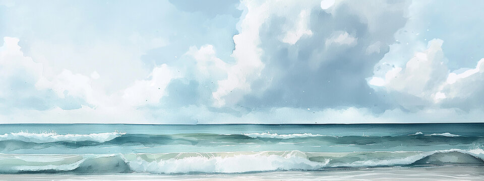 Calm beach watercolor painting capturing serene seaside waves.
