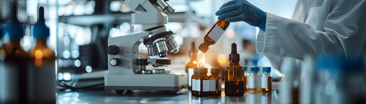 Scientist Formulating Skincare Serum in High Tech Lab | Advanced Scientific Instruments, Precision Innovation | Mid Shot