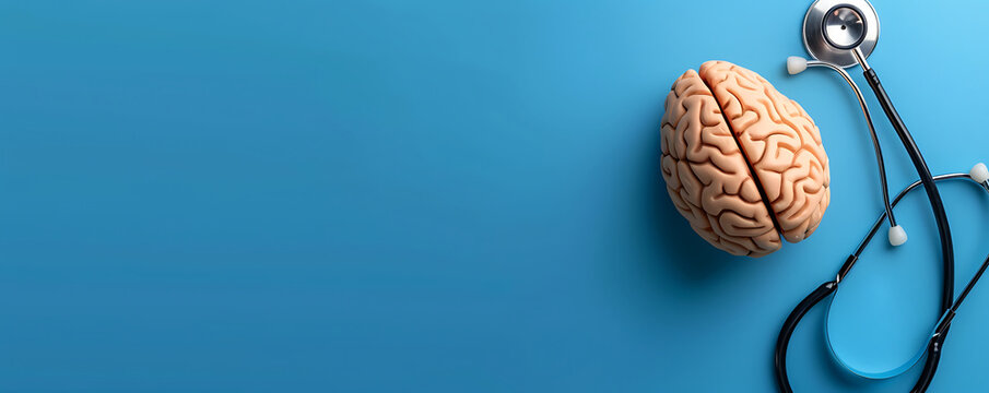 : A detailed brain model sits next to a stethoscope on a bright background. This image symbolizes neurological and psychological care, emphasizing the importance of mental health and medical atte