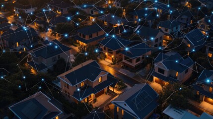A network of interconnected smart homes with advanced security systems, viewed from above at twilight