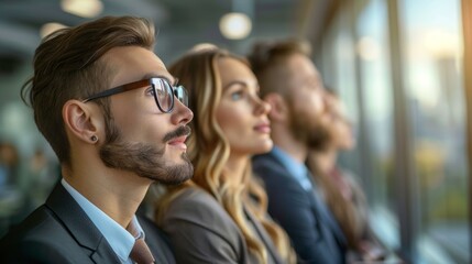 A group of business people looking at the future in a modern office copy space concept.