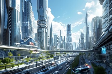 Fototapeta premium A city of the future, complete with a high-tech train and autonomous vehicles on illuminated roads, An urban cityscape dominated by self-driving cars, AI generated
