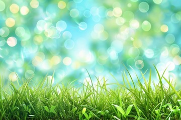 Fototapeta premium Abstract landscape with green grass and a blue sky, Spring or summer abstract nature background with grass