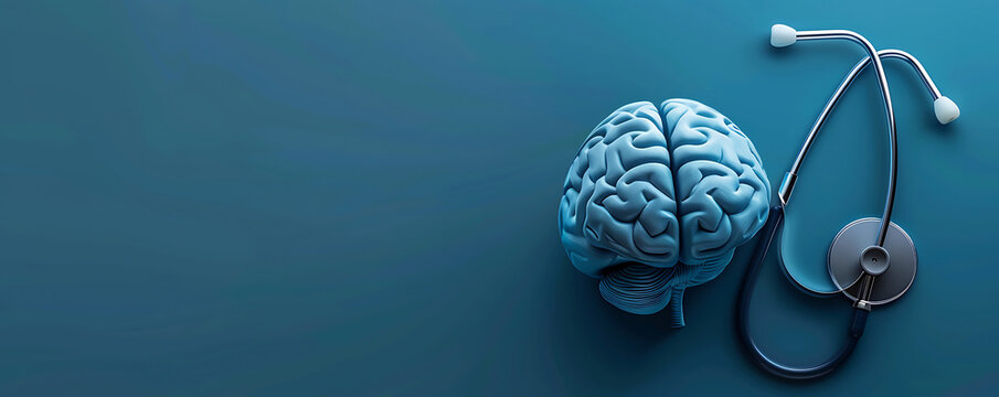 : A detailed brain model sits next to a stethoscope on a bright background. This image symbolizes neurological and psychological care, emphasizing the importance of mental health and medical atte