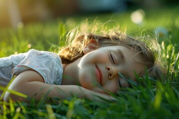A little child lies on the green grass in the garden, smiling and dreaming, Cute child enjoying nature outdoors