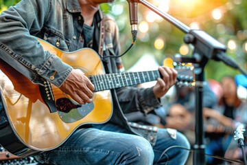 Obraz premium A man sitting play acoustic guitar on the outdoor concert with a microphone stand in the front, musical concept