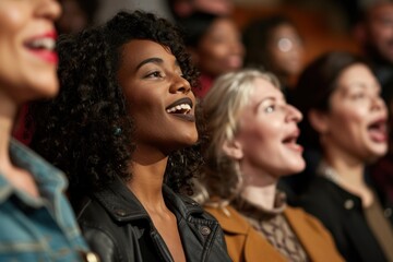 Obraz premium a diverse choir singing at a spiritual gathering, with people from different faiths and cultures joining in harmony