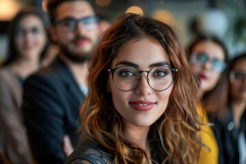 Obraz premium a of a diverse group of businesspeople, some wearing eyeglasses, participating in a team-building exercise in the office