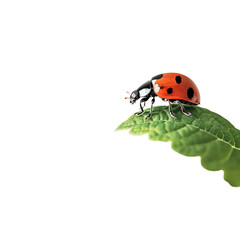 Fototapeta premium Close-up of a vibrant ladybug on green leaf against white background, showcasing nature's beauty and detail.