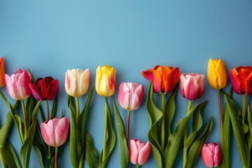 Obraz premium A row of beautiful tulips with various colors is in the photo on a blue background