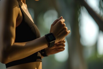 A woman checking her smart watch with a digital display, Wearable technology for fitness and health monitoring, AI generated