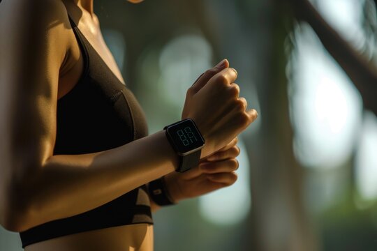 A woman checking her smart watch with a digital display, Wearable technology for fitness and health monitoring, AI generated