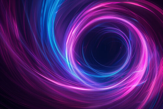 Neon glowing circle lines making a tunnel with vanishing point. Color lights abstract motion. Speed effect. Colorful wave spiral curve. Black background. Chaos wavy texture. Parallel pattern.