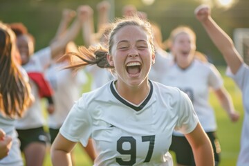 Obraz premium A young woman soccer player runs with arms raised, celebrating a goal scored, while teammates cheer and run around her on a green grass field