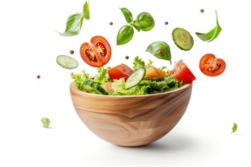 A wooden bowl with salad ingredients floating in the air Isolated on white background