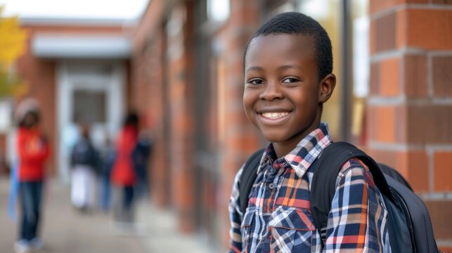 first day at elementary school. Happy African American boy with a school bag smiling in front of his classroom, with a school background. Back to school. The new academic semester year starts.