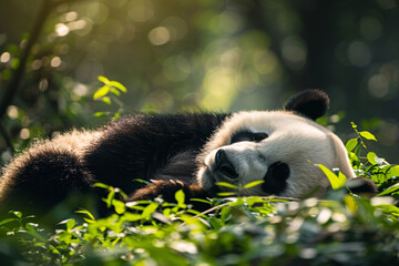 Fototapeta premium Cute Giant Panda bear sleeping on forest ground