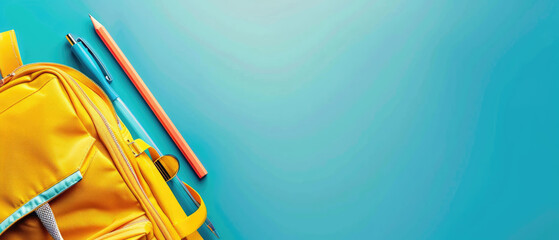Back to school concept with a student backpack full of stationery on a blue background, copy space for text
