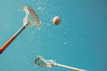 a close up lacrosse stick scooping up a ball on sky blue background