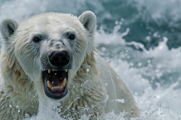 a close up polar bear in furious attack