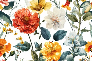 Fototapeta premium A floral pattern with yellow and green leaves on a white background, botanical pattern for cloth in white background, AI generated