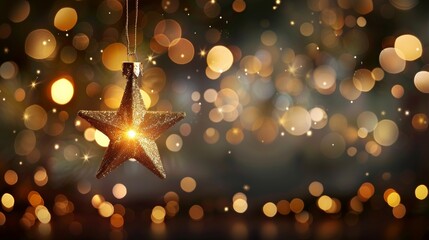 Golden christmas star on bokeh black background. Xmas card with gold star shining discretely on a dark wall setting. Seasonal greetings invitation festivity. Luxury.